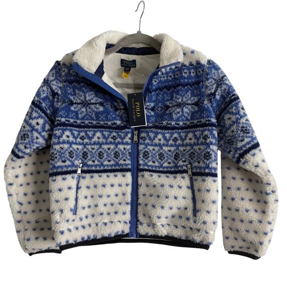 Polo Ralph Lauren Girls Fair Isle Blue White Fleece Jacket- Size 8-10 - Picture 1 of 11